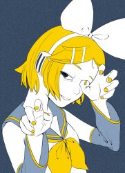 Rule 34 | 1girl, alternate eye color, black eyes, blonde hair, bow, claw pose, commentary, covering one eye, detached sleeves, from side, grin, hair bow, hair ornament, hairclip, half-closed eyes, hands up, headphones, highres, ikki (inferiorin), kagamine rin, limited palette, looking at viewer, looking to the side, neckerchief, parted bangs, ringed eyes, school uniform, serafuku, shirt, short hair, sideways glance, sleeveless, sleeveless shirt, smile, solid eyes, solo, static, upper body, vocaloid, yellow nails, yellow neckerchief