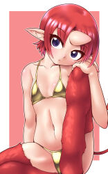 Rule 34 | 1girl, :&lt;, bare arms, bare shoulders, bikini, body fur, breasts, cleavage, closed mouth, collarbone, enku (nijiura maids), eyelashes, futaba channel, gold bikini, hand on own knee, hand up, highres, horns, horse legs, horse tail, kuma (kumahoihoi), midriff, navel, nijiura maids, outline, pointy ears, purple eyes, red fur, red hair, red tail, satyr, short hair, single horn, sitting, skin-covered horns, small breasts, solo, swimsuit, tail, tail raised, white outline