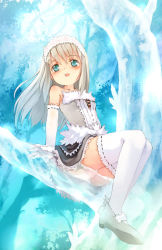 Rule 34 | 1girl, blue eyes, blush, elbow gloves, flat chest, gloves, kito (sorahate), original, panties, silver hair, solo, thighhighs, tree, underwear, white thighhighs