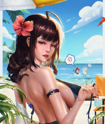 Rule 34 | 3girls, ?, ahoge, anger vein, armlet, back, bare shoulders, beach, beach umbrella, bikini, black bikini, black one-piece swimsuit, blue sky, blunt bangs, blush, breasts, brown hair, cloud, covered erect nipples, day, dsr-50 (girls&#039; frontline), flower, from behind, girls&#039; frontline, hair flower, hair ornament, halterneck, highres, jewelry, large breasts, long hair, looking at viewer, looking back, multiple girls, nail polish, ocean, one-piece swimsuit, open mouth, outdoors, red eyes, red lips, red nails, shoulder blades, sideboob, sidelocks, sky, smile, splashing, spoken anger vein, spoken question mark, springfield (girls&#039; frontline), swimsuit, ta03545, umbrella, untied bikini, very long hair, wa2000 (girls&#039; frontline), wet