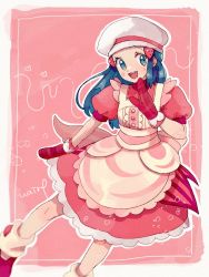 Rule 34 | 1girl, :d, apron, blue eyes, blue hair, blush, commentary request, creatures (company), dawn (palentine&#039;s 2021) (pokemon), dawn (pokemon), dress, eyelashes, game freak, hair ornament, hairclip, hand up, hanenbo, hat, heart, highres, knees, mittens, nintendo, official alternate costume, open mouth, outline, pink background, pink dress, pokemon, pokemon masters ex, red mittens, short sleeves, sidelocks, smile, solo, teeth, tongue, white hat