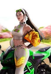 1girl, absurdres, blurry, blurry background, booger wang, breasts, brown eyes, clothes writing, collarbone, crop top, cropped jacket, earrings, eyeliner, eyewear on head, forehead, green-tinted eyewear, ground vehicle, hair pulled back, hairband, halter top, halterneck, helmet, highres, holding, holding helmet, jacket, jewelry, kagura chizuru, lips, long hair, looking at viewer, makeup, medium breasts, midriff, motor vehicle, motorcycle, motorcycle helmet, no bra, nose, off shoulder, pants, race queen, round eyewear, sideboob, solo, standing, straight hair, sunglasses, the king of fighters, tight, tight pants, toned, vambraces, white hairband, yellow jacket, zipper pull tab