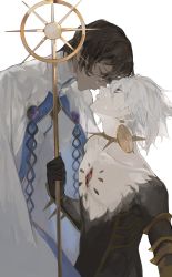 Rule 34 | 2boys, arjuna (fate), bishounen, black bodysuit, bodysuit, cloak, collar, crying, crying with eyes open, dark-skinned male, dark skin, earrings, eye contact, eyeshadow, face-to-face, fate/grand order, fate (series), highres, holding, holding weapon, jewelry, karna (fate), lance, looking at another, makeup, male focus, multiple boys, pale skin, polearm, single earring, spiked collar, spikes, surume (su1193), teardrop, tears, upper body, weapon, white background, white cloak