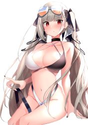Rule 34 | 1girl, aviator sunglasses, azur lane, bare shoulders, bikini, black choker, black nails, blush, breasts, choker, cleavage, collarbone, cosplay, eyewear on head, formidable (azur lane), grey hair, highres, large breasts, long hair, looking at viewer, nail polish, navel, nephthys2356, open mouth, red eyes, ribbon, simple background, solo, sunglasses, sunglasses on head, swimsuit, thigh strap, tosa (azur lane), tosa (azur lane) (cosplay), tosa (hometown zest) (azur lane), twintails, two-tone bikini, two-tone ribbon, very long hair, white background
