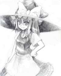 Rule 34 | 1girl, female focus, greyscale, grin, hand on own hip, hat, hip focus, hokamichi, kirisame marisa, monochrome, sketch, smile, solo, taji (crowview), touhou, witch, witch hat