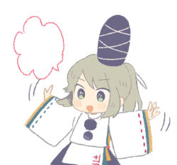 Rule 34 | 1girl, bad id, bad pixiv id, blank speech bubble, blue eyes, chibi, dress, female focus, hat, japanese clothes, keyaki (mora ll), long hair, mononobe no futo, no nose, open mouth, outstretched arms, ponytail, silver hair, simple background, solo, speech bubble, tate eboshi, touhou, white background