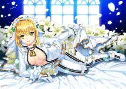 Rule 34 | 10s, 1girl, ahoge, blonde hair, bodysuit, breasts, breasts apart, briska, center opening, cleavage, fate/extra, fate/extra ccc, fate (series), flower, green eyes, lily (flower), lock, nero claudius (bride) (fate), nero claudius (fate), nero claudius (fate), padlock, solo, veil
