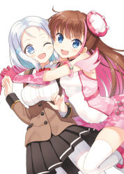 Rule 34 | 2girls, :d, ;d, armlet, arms around neck, bare shoulders, black skirt, blazer, blue eyes, blush, breasts, brown hair, buttons, camouflage, cheek-to-cheek, collared shirt, colored eyelashes, covered navel, dress, dutch angle, elbow gloves, fingerless gloves, gem, gloves, hair ornament, hairclip, half updo, halterneck, heads together, holding own arm, hug, hyuuga azuri, itou mashiro, jacket, kirino sakura, leg lift, long hair, long sleeves, looking at viewer, magical girl, mahou shoujo over age, mahou shoujo overage - watashitachi mou henshin shitaku arimasen, multicolored hair, multiple girls, official art, one eye closed, open mouth, pantyhose, pink gloves, pink hair, pinstripe pattern, pleated skirt, school uniform, shirt, short dress, short hair, silver hair, simple background, skirt, sleeve cuffs, small breasts, smile, standing, striped, thighhighs, two-tone hair, underbust, very long hair, white background, white legwear, zettai ryouiki