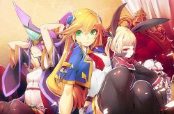 Rule 34 | 3girls, :&lt;, arc system works, black legwear, blazblue, blazblue: central fiction, blonde hair, breasts, cape, capelet, detached sleeves, forehead protector, green eyes, hades izanami, hair between eyes, hair ribbon, hairpods, legs together, long hair, mikado (blazblue), miniskirt, multiple girls, noel vermillion, official art, purple hair, rachel alucard, red eyes, ribbon, sitting, skirt, small breasts, smile, thighhighs, throne, twintails, wide sleeves, zettai ryouiki
