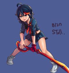 Rule 34 | ahoge, aqua eyes, artist name, belt, black-framed eyewear, black belt, black hair, black shirt, black skirt, boots, collarbone, commentary request, crop top, dated, fighting stance, full body, gloves, highres, holding, holding sword, holding weapon, kill la kill, korean commentary, living clothes, looking at viewer, matoi ryuuko, medium hair, messy hair, midriff, miniskirt, multicolored hair, neckerchief, open mouth, purple background, red gloves, red hair, red neckerchief, sailor collar, school uniform, scissor blade (kill la kill), senketsu, serafuku, shirt, signature, simple background, single glove, skirt, sleeves rolled up, spread legs, stoll (tmxhf), streaked hair, suspender skirt, suspenders, sword, thighs, two-tone hair, weapon, white footwear