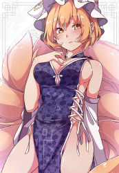Rule 34 | 1girl, absurdres, alternate costume, blonde hair, blue dress, blush, breasts, brown eyes, china dress, chinese clothes, cleavage, closed mouth, cowboy shot, detached sleeves, dress, embarrassed, eyes visible through hair, fingernails, floral print, fox tail, gokuu (acoloredpencil), groin, hand on own chest, hand up, head tilt, highres, looking at viewer, medium breasts, multiple tails, no panties, patterned background, pelvic curtain, short hair, sideboob, solo, tail, thighs, touhou, white headwear, yakumo ran
