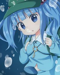 Rule 34 | 1girl, backpack, bag, blue eyes, blue hair, blush, bubble, hair ornament, hair ribbon, hat, kawashiro nitori, key, long sleeves, looking at viewer, matching hair/eyes, pocket, ribbon, shirt, short twintails, solo, touhou, twintails, two side up, underwater, wet, wet clothes, yamisaki (ymsk xx)