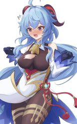 Rule 34 | 1girl, @ @, ahoge, bare shoulders, bell, blue gloves, blue hair, blush, breasts, brown pantyhose, chinese knot, clothes lift, cowboy shot, detached sleeves, embarrassed, flower knot, full-face blush, ganyu (genshin impact), genshin impact, gloves, gold trim, highres, horns, kunizaki, long hair, medium breasts, neck bell, pantyhose, pelvic curtain, pelvic curtain lift, purple eyes, sidelocks, solo, tassel, tears, thighlet, thighs, torn clothes, vision (genshin impact), white background, white sleeves