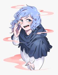 Rule 34 | 1girl, blue capelet, blue eyes, blue hair, blue nails, capelet, commentary request, grey background, highres, kumoi ichirin, long sleeves, looking at viewer, mc0o5, open mouth, short hair, simple background, solo, teeth, touhou, upper body, upper teeth only