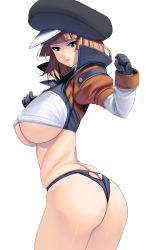 Rule 34 | 1girl, ass, ass cutout, black gloves, breasts, brown hair, butt crack, clothing cutout, covered erect nipples, gloves, green eyes, hat, heart cutout, highres, huge breasts, keyhole panties, kouno (masao), original, short hair, simple background, solo, thong, underboob, wedgie