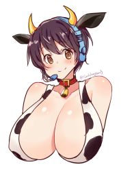 Rule 34 | 1girl, animal ears, animal print, bad id, bad pixiv id, bare shoulders, bell, neck bell, breasts, brown eyes, brown hair, cleavage, closed mouth, collar, cow ears, cow horns, cow print, cow tail, goyain, highres, horns, huge breasts, idolmaster, idolmaster cinderella girls, idolmaster cinderella girls starlight stage, oikawa shizuku, short hair, simple background, solo, tail, white background