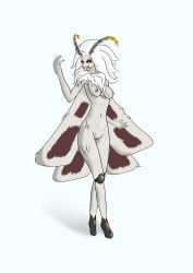 Rule 34 | 1girl, absurdres, antennae, black sclera, breasts, bug, colored sclera, fur, highres, bug, arthropod girl, insect wings, medium breasts, monster girl, moth, nipples, pussy, white hair, wings