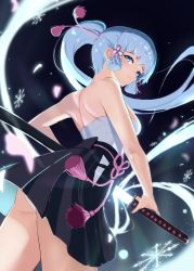 Rule 34 | 1girl, alternate costume, armpits, ass, ayaka (genshin impact), bare back, bare shoulders, black background, blunt bangs, breasts, commentary request, from behind, genshin impact, grey eyes, grey hair, hair ornament, hair ribbon, headband, highres, holding, holding sword, holding weapon, ice crystal, japanese clothes, katana, long hair, looking at viewer, looking back, pleated skirt, ponytail, ribbon, sideboob, sidelocks, simple background, skirt, solo, stone (ksorede), strapless, sword, tress ribbon, weapon