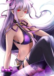 Rule 34 | 10s, 1girl, bare shoulders, bb (fate), bb (fate/extra), bikini, breasts, cleavage, fate/extra, fate/extra ccc, fate/grand order, fate (series), gyaru, light purple hair, long hair, micro shorts, open mouth, purple bikini, purple ribbon, red eyes, ribbon, shorts, sitting, solo, star (symbol), suika (rios151794), swimsuit, tan, thighhighs, very long hair, white background