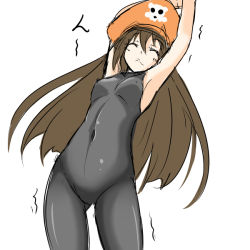 Rule 34 | 1girl, armpits, breasts, brown hair, closed eyes, covered navel, cowboy shot, guilty gear, hat, may (guilty gear), orange hat, pirate hat, poncocchan, sleeveless, small breasts, solo, stretching, unitard