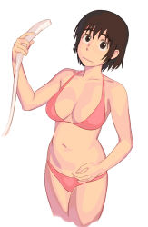 Rule 34 | 1girl, ayase fuuka, bikini, breasts, brown eyes, brown hair, cleavage, cropped legs, eyebrows, garichapon, large breasts, looking at viewer, navel, red bikini, short hair, shower head, solo, swimsuit, thick eyebrows, wavy mouth, white background, yotsubato!