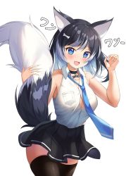Rule 34 | 1girl, :d, animal ears, armpit crease, bare arms, bare shoulders, black choker, black hair, black skirt, black thighhighs, blue eyes, breast pocket, breasts, button gap, buttons, choker, cleavage, collarbone, collared shirt, colored inner hair, cowboy shot, dress shirt, fang, hair ornament, hairclip, hands up, highres, holding tail, kotomaru (sirouko9511), large tail, looking at viewer, medium breasts, medium hair, miniskirt, multicolored hair, necktie, open mouth, original, pleated skirt, pocket, shirt, shirt tucked in, simple background, skirt, sleeveless, sleeveless shirt, smile, solo, standing, tail, tail raised, thighhighs, two-tone hair, white background, white shirt, wolf ears, wolf girl, wolf tail, zettai ryouiki