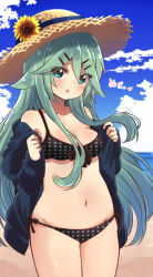 Rule 34 | 10s, 1girl, aqua eyes, beach, bikini, blush, breasts, cleavage, cloud, cloudy sky, commentary request, cowboy shot, day, flower, green hair, hair ornament, hairclip, hat, hat flower, highres, kantai collection, long hair, looking at viewer, medium breasts, navel, open clothes, open mouth, outdoors, polka dot, polka dot bikini, side-tie bikini bottom, sky, smile, solo, standing, sun hat, sunflower, suzuki toto, swimsuit, yamakaze (kancolle)