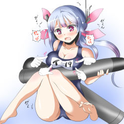 Rule 34 | 10s, 1girl, ^^^, barefoot, blue hair, body blush, breasts, cleavage, crying, crying with eyes open, deego (omochi bazooka), disembodied hand, hair ornament, hair ribbon, i-19 (kancolle), kantai collection, large breasts, long hair, one-piece swimsuit, open mouth, personification, poking, red eyes, ribbon, school swimsuit, sitting, solo, star-shaped pupils, star (symbol), swimsuit, symbol-shaped pupils, tears, torpedo, twintails