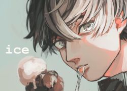 Rule 34 | 1boy, black hair, commentary, constricted pupils, eating, english text, fatalbug896, food, grey background, grey eyes, hair between eyes, head tilt, highres, ice cream, ice cream spoon, looking at viewer, male focus, original, parted lips, portrait, short hair, simple background, solo, spoon, symbol-only commentary, utensil in mouth, wille (fatalbug896)