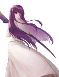 Rule 34 | 1girl, absurdres, blunt bangs, bright pupils, closed mouth, commentary, cowboy shot, dress, fern (sousou no frieren), from behind, highres, huuukky, long dress, long sleeves, looking at viewer, mage staff, purple eyes, purple hair, simple background, solo, sousou no frieren, staff, white background, white dress