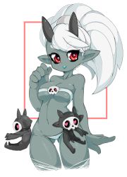 Rule 34 | 1girl, bad id, bad tumblr id, bandeau, breasts, colored skin, cropped legs, doll, green lips, grey skin, heart, heart-shaped eyes, highres, horns, lipstick, long hair, makeup, navel, original, panties, pointy ears, ponytail, red eyes, skindentation, skull, skull-shaped pupils, slugbox, solo, strapless, symbol-shaped pupils, thigh gap, tube top, underboob, underwear, white hair, white panties