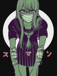 Rule 34 | 1girl, bandages, bow, bowtie, colored skin, cuts, glasses, green eyes, green hair, green skin, green theme, injury, long hair, looking at viewer, mask, matching hair/eyes, melontoyo, monochrome, mouth mask, original, red eyes, red pupils, school uniform, self-harm, self harm, simple background, solo, spot color, surgical mask