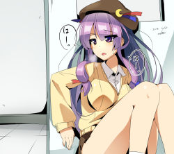 Rule 34 | 1girl, alternate costume, commentary request, contemporary, hat, long hair, looking to the side, lying, miniskirt, miton (turuyasann), mob cap, on back, open door, open mouth, patchouli knowledge, pleated skirt, purple eyes, purple hair, school uniform, sitting, skirt, solo, sweater vest, touhou, translation request, very long hair
