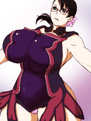 Rule 34 | 1girl, apron, aqua eyes, black hair, blue eyes, breasts, cameltoe, cattleya (queen&#039;s blade), cattleya (queen's blade), cleft of venus, covered navel, cowboy shot, detached collar, flower, frown, glasses, hair flower, hair ornament, harusame1122, huge breasts, impossible clothes, low ponytail, mature female, muscular, muscular female, queen&#039;s blade, sideboob, solo, spring rain, weapon merchant cattleya