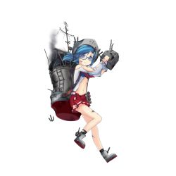 Rule 34 | 1girl, anchor, black socks, blue-framed eyewear, blue hair, broken, cannon, closed mouth, damaged, e neko, frank knox (warship girls r), frown, full body, glasses, grey footwear, grey hat, hat, holding, holding weapon, leg up, long sleeves, looking at viewer, machinery, navel, official art, parted bangs, pleated skirt, ponytail, purple eyes, radar, red skirt, shirt, shoes, skirt, smoke, smokestack, socks, solo, star-shaped pupils, star (symbol), symbol-shaped pupils, torn clothes, torpedo, transparent background, turret, warship girls r, weapon, white shirt