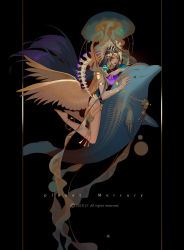 Rule 34 | anklet, arm tattoo, armlet, armor, barefoot, black background, black hair, commentary request, dark skin, dolphin, english text, facial mark, feathered wings, full body, head chain, highres, jellyfish, jewelry, lian yao, long hair, mercury (planet), original, pauldrons, plantar flexion, purple hair, red eyes, riding, shoulder armor, solo, spine, tattoo, very long hair, wings, x-ray, yellow wings