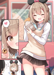 Rule 34 | 1boy, 1girl, animal ears, black footwear, blush, bow, breasts, brown eyes, brown hair, brown skirt, childhood friend (ominaeshi), collared shirt, comic, commentary request, dress shirt, fake animal ears, food, hair between eyes, hair ornament, hairclip, hands up, heart, highres, holding, holding food, long sleeves, medium breasts, minnie mouse ears, mouse ears, o o, ominaeshi (takenoko), original, pleated skirt, red bow, shirt, shoes, skirt, socks, spoken heart, standing, standing on one leg, sweat, sweater vest, teardrop, translation request, white shirt, white socks, winnie the pooh