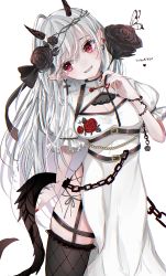 Rule 34 | 1girl, absurdres, bad id, bad pixiv id, black flower, black rose, breasts, cleavage cutout, clothing cutout, cross, cross earrings, dress, earrings, flower, hair flower, hair ornament, highres, horns, jewelry, long hair, looking at viewer, medium breasts, original, pointy ears, red eyes, rose, sakura mochiko, side slit, silver hair, solo, tail, thighhighs, white background