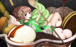 Rule 34 | 1girl, beans, black background, blunt bangs, blush, brown hair, butter, closed mouth, dessert, floral print, flower, food, food-themed hair ornament, from side, hair flower, hair ornament, hair up, head tilt, highres, holding, holding spoon, ice cream, in food, japanese clothes, jchoy, kanzashi, kimono, kimono skirt, knees up, leaf, legs together, long sleeves, looking at viewer, looking back, mini person, minigirl, mochi, mouth hold, original, parfait, personification, purple eyes, sitting, smile, soft serve, solo, spoon, syrup, two-handed, wafer hair ornament, wafer stick, wagashi