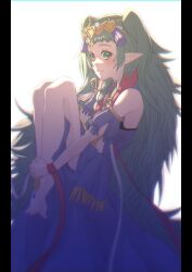 Rule 34 | 1girl, aduti momoyama, anklet, bare shoulders, barefoot, blue gemstone, chromatic aberration, closed mouth, detached sleeves, fingernails, fire emblem, fire emblem: three houses, fringe trim, gem, green eyes, green hair, headpiece, highres, hugging own legs, interlocked fingers, jewelry, long hair, nintendo, own hands together, pillarboxed, pointy ears, purple sleeves, short bangs, short sleeves, simple background, smile, solo, sothis (fire emblem), tassel, toenails, twintails, very long hair, white background
