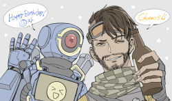 Rule 34 | 2boys, animification, apex legends, beer bottle, black gloves, bottle, brown eyes, facial hair, fingerless gloves, gloves, goatee, goggles, goggles on head, happy birthday, holding, holding bottle, humanoid robot, male focus, mirage (apex legends), multiple boys, one eye closed, pathfinder (apex legends), red eyes, robot, science fiction, speech bubble, stack (sack b7), star (symbol), upper body