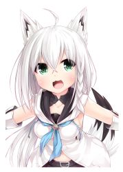 Rule 34 | 1girl, :3, ahoge, animal ear fluff, animal ears, belt, black skirt, braid, breasts, detached sleeves, fox ears, fox girl, fox tail, green eyes, highres, hololive, long hair, navel, open mouth, outstretched arms, ponytail, shirakami fubuki, shirakami fubuki (1st costume), shirt, simple background, skirt, smile, solo, tail, tamase tama, upper body, virtual youtuber, white background, white hair, white shirt, white sleeves