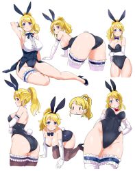 Rule 34 | 1girl, all fours, animal ears, ass, ayase eli, bare arms, bare shoulders, bent over, black footwear, black thighhighs, blonde hair, blue eyes, breasts, bridal garter, center frills, cleavage, detached collar, detached sleeves, elbow gloves, fake animal ears, frills, from side, gloves, hair ornament, hair scrunchie, hairband, hand on own hip, hanging breasts, high heels, highleg, highleg leotard, highres, kneeling, kurokawa makoto, large breasts, leotard, long hair, looking at viewer, love live!, love live! school idol project, multiple views, neck ribbon, playboy bunny, ponytail, rabbit ears, rabbit tail, ribbon, scrunchie, shoes, simple background, sitting, tail, thigh gap, thighhighs, white background, white gloves, white thighhighs, wrist cuffs