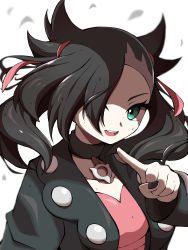 Rule 34 | 1girl, absurdres, asymmetrical bangs, bad id, bad twitter id, black choker, black hair, black jacket, black nails, choker, clenched hand, collarbone, commentary request, creatures (company), dress, eyelashes, floating hair, game freak, green eyes, hair ribbon, hand up, highres, jacket, long sleeves, looking at viewer, marnie (pokemon), nail polish, nintendo, open clothes, open jacket, open mouth, pink dress, pokemon, pokemon swsh, red ribbon, ribbon, shabana may, smile, solo, teeth, tongue, upper body, white background