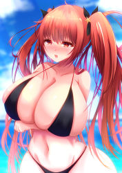 Rule 34 | 1girl, absurdres, arm under breasts, azur lane, bikini, black bikini, black ribbon, blue sky, blurry, blurry background, blush, breasts, cleavage, curvy, hair ribbon, highres, honolulu (azur lane), honolulu (summer accident?!) (azur lane), huge breasts, long hair, neusora (neusora aratan), official alternate costume, red eyes, red hair, ribbon, sky, solo, swimsuit, twintails, water, wide hips