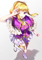Rule 34 | 1girl, blonde hair, boots, breasts, clarine, cleavage, dress, fire emblem, fire emblem: the binding blade, full body, gradient background, highres, kazakami 73, long hair, medium breasts, miniskirt, nintendo, one eye closed, open mouth, ponytail, purple eyes, simple background, skirt, smile, solo, standing, standing on one leg, thigh boots, thighhighs, white footwear, white thighhighs, zettai ryouiki