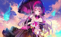 Rule 34 | 1girl, bare shoulders, black skirt, bow, breasts, cleavage, cloud, detached collar, detached sleeves, dress, dutch angle, epic seven, frilled dress, frilled sleeves, frills, hair between eyes, hair bow, hairband, highres, holding, holding umbrella, huge filesize, light purple hair, lolita fashion, lolita hairband, long hair, long skirt, magic, medium breasts, nyx (shell grotto), hugging object, parasol, purple eyes, quad braids, shirt, signature, sinful angelica (epic seven), skirt, sky, smile, solo, strapless, swept bangs, umbrella, very long hair, white shirt