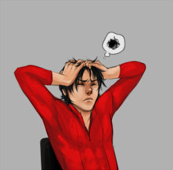 Rule 34 | 1boy, annoyed, batman (series), black hair, chair, closed eyes, dc comics, grey background, hands on own head, long sleeves, lowres, male focus, red robin, red shirt, shirt, simple background, sitting, solo, thought bubble, tim drake