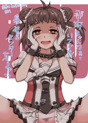 Rule 34 | 1girl, absurdres, antenna hair, black necktie, brown hair, buttons, chain, character name, commentary request, cowboy shot, cuffs, double-breasted, double bun, hair bun, hand on own face, handcuffs, heart, heart-shaped pupils, highres, implied sex, kantai collection, kitahama (siroimakeinu831), looking at viewer, naka (kancolle), naka kai ni (kancolle), necktie, one-hour drawing challenge, sailor collar, school uniform, serafuku, shaded face, sitting, solo, spread legs, symbol-shaped pupils, translation request, twitter username, white background, white sailor collar, yandere