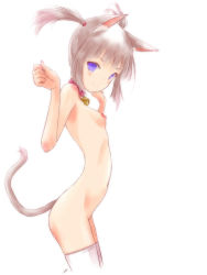 Rule 34 | 1girl, animal ears, bad id, bad pixiv id, bell, blush, breasts, cat ears, cat tail, collar, highres, kowiru, looking at viewer, neck bell, nipples, nude, original, purple eyes, short hair, silver hair, skinny, slender, small breasts, smile, solo, standing, tail, thighhighs, twintails